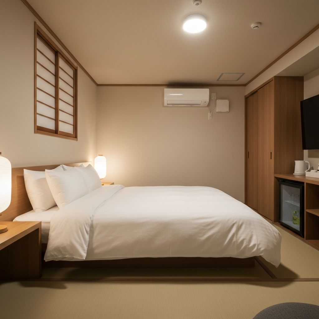 Quarto de hospedagem com cama, ar-condicionado e frigobar