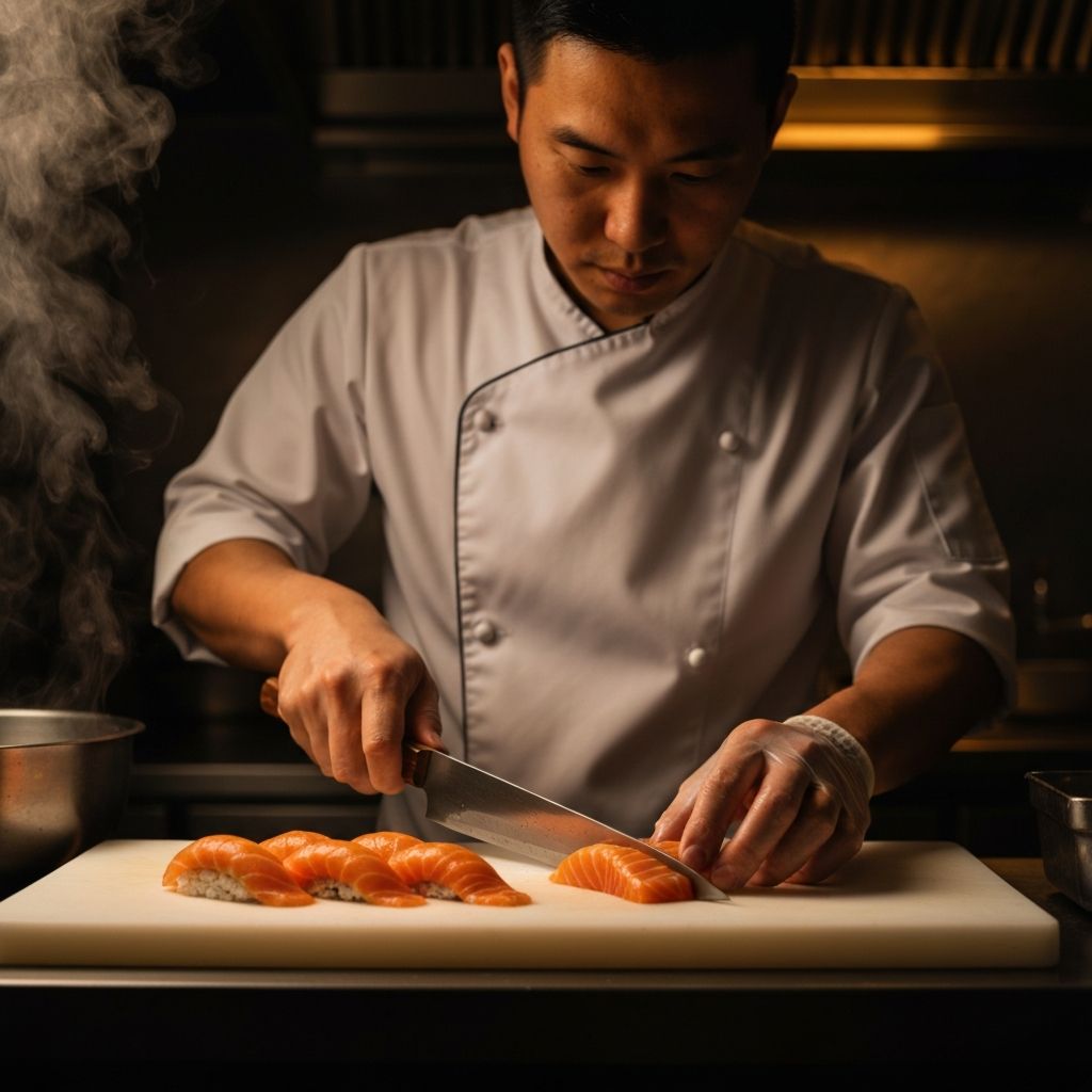 Sushi sendo preparado por chef profissional